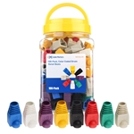 Color-coded Ethernet strain relief boots for Cat6 cables, 100-pack for custom cable protection and easy identification.