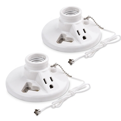Cable Matters [UL Listed] 2-Pack Porcelain Pull Chain Light Fixture, Lampholder with Outlet in White