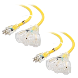 Cable Matters 2-Pack 3-Outlet Outdoor Extension Cord Adapter with LED Light in Yellow 2 Feet (NEMA 5-15P to 3x 5-15R)