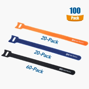 100-Pack Hook-and-Loop Cable Ties - Multi-Color Pack of Black, Blue, and Orange Reusable Cable Ties