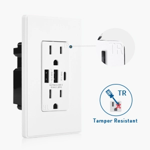 Tamper Resistant 15A Duplex Outlet with USB Charging up to 6-Amp Electrical Receptacle