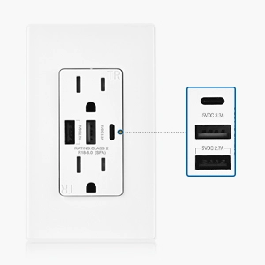 Tamper Resistant 15A Duplex Outlet with USB Charging up to 6-Amp Electrical Receptacle