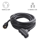 Cable Matters 3-Prong 30A to 15A Generator Power Adapter Cord 25 Feet (NEMA L5-30P to 3 x NEMA 5-15R)