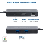 [Works with Chromebook Certified] Cable Matters 4K@60Hz USB C Hub HDMI, USB-C Multiport Adapter with HDMI, 2X USB 3.0, Gigabit Ethernet, and 86W PD