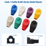 Color-coded Ethernet strain relief boots for Cat6 cables, 100-pack for custom cable protection and easy identification.