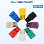 Color-coded Ethernet strain relief boots for Cat6 cables, 100-pack for custom cable protection and easy identification.
